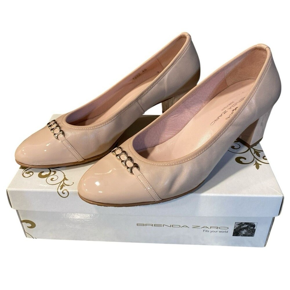 Brenda Zaro Women's Nude Pumps 40 US9 Patent Leather Block Heel Dress Shoe Spain